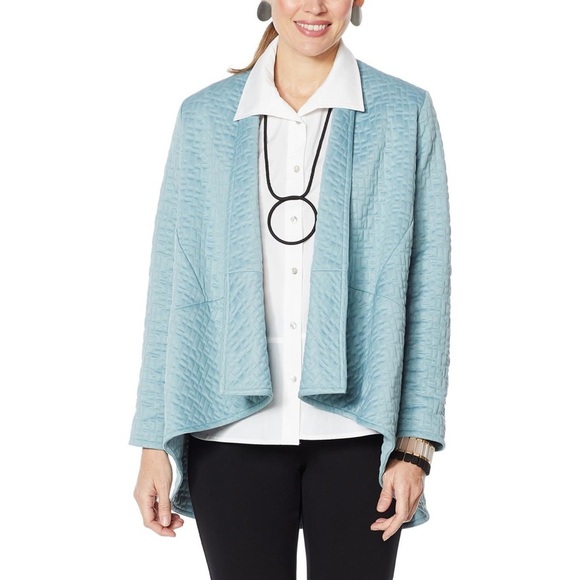 MarlaWynne Quilted Jacquard Knit Swing Jacket Long Line Open. Sea Glass. Sz M - Picture 1 of 11